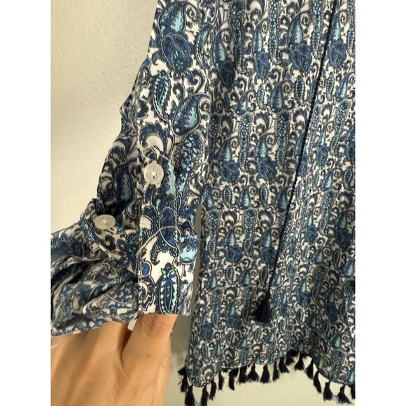 NWT French Curve Blue Paisley Cotton tunic Blouse Lightweight Sz S Tassels Top - Picture 4 of 7